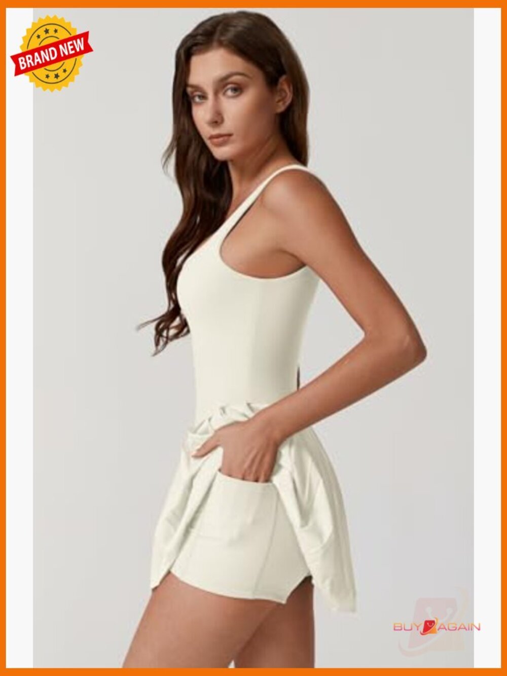 Square Neck Tennis Dress with Built-in Shorts, Pockets, Pleated - Picture 2 of 6
